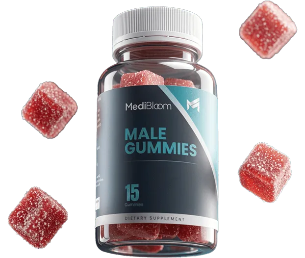 A bottle of Male Gummies surrounded by gummies